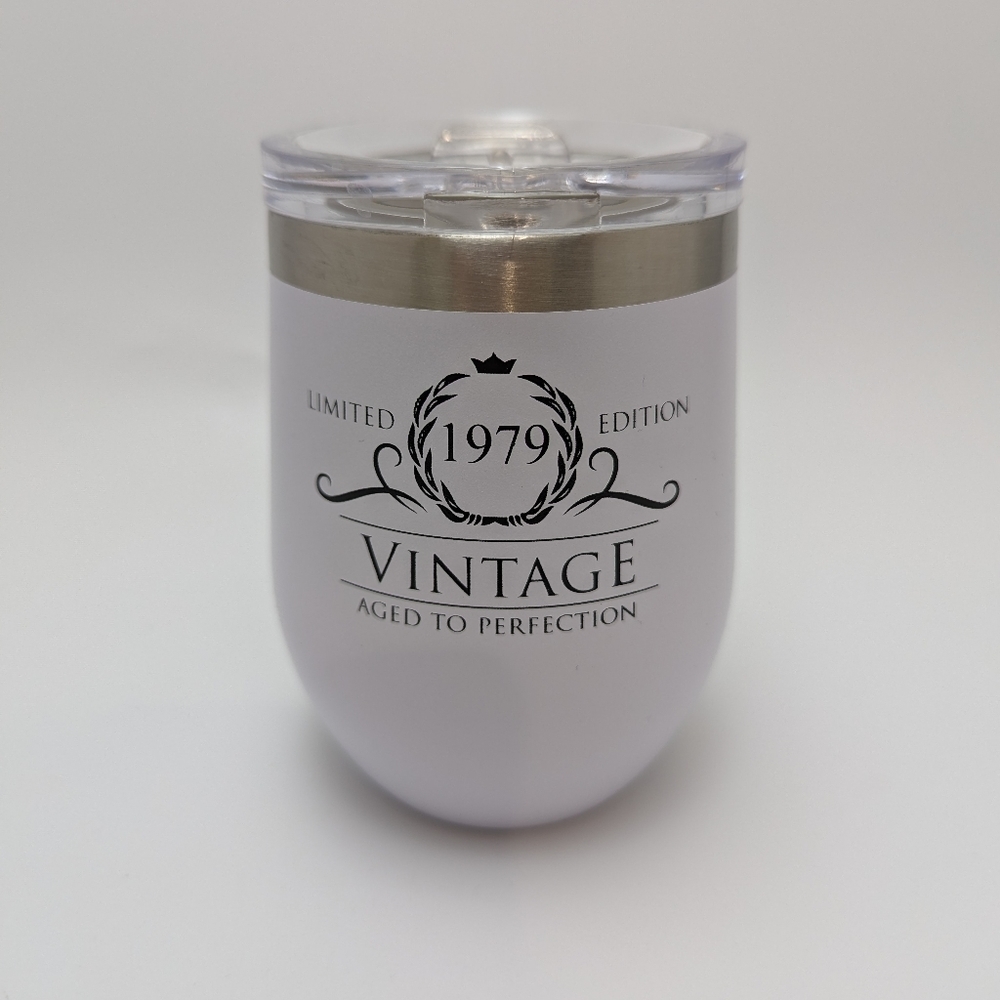 1979 Birthday Mug, Stemless Wine Tumbler,  Cup